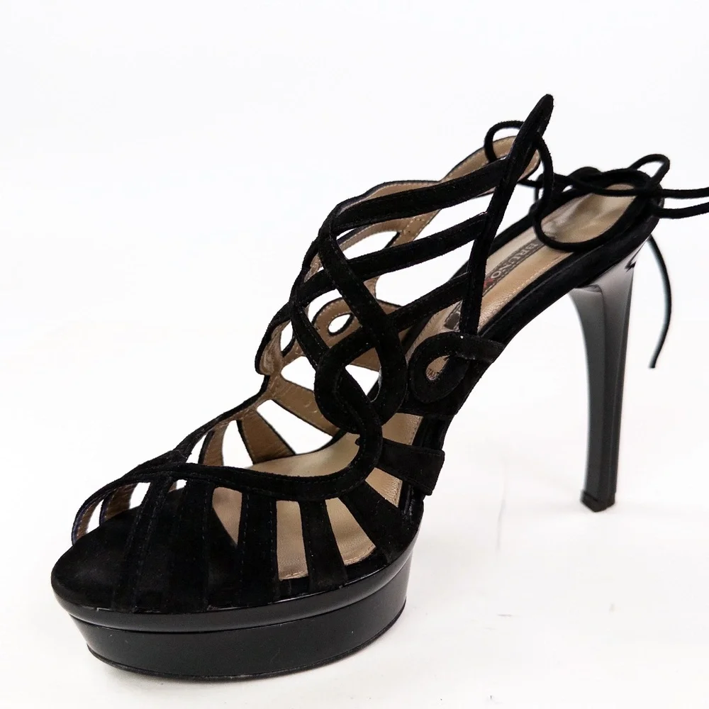 Bruno Magli Empress Black Suede Lace-Up Platform Heels Sandals Sz 38 w/ Box - Picture 4 of 11